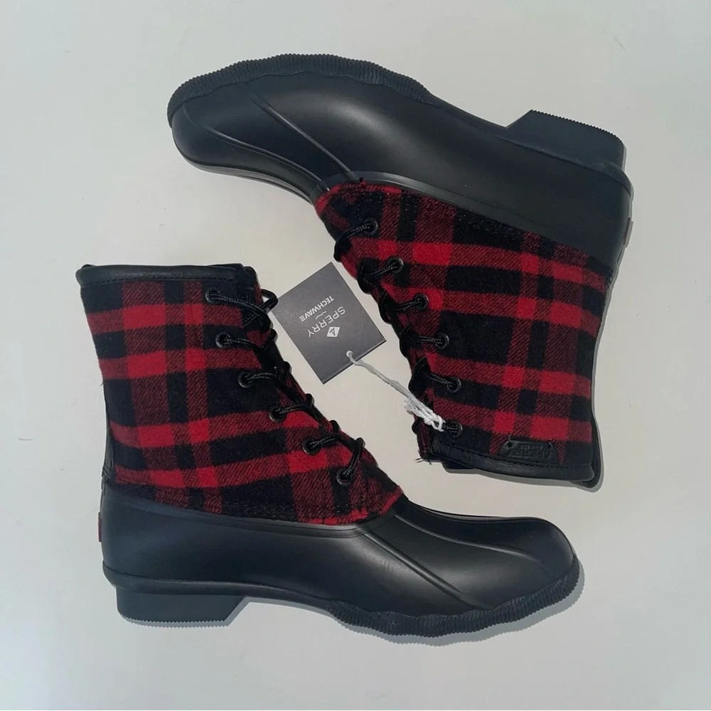 SPERRY Men's Wool Buffalo Plaid Duck Boots - Red & Black - NIB - Duplicate